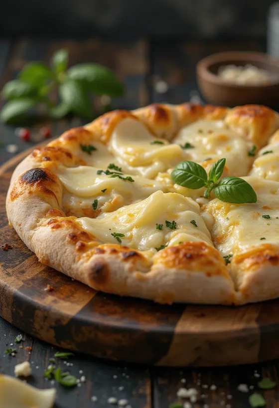 Pizza ai Formaggi servida com vários queijos e manjericão fresco