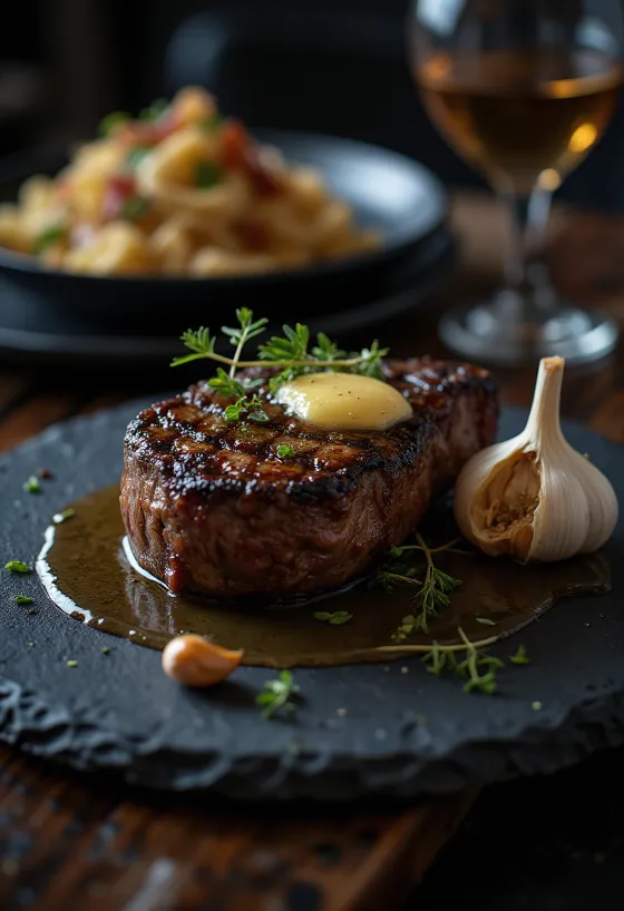 Bife Rib eye assado até dourar, servido com ervas frescas e manteiga