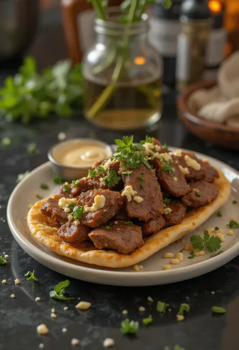 Shawarma de borrego, com legumes frescos e iogurte