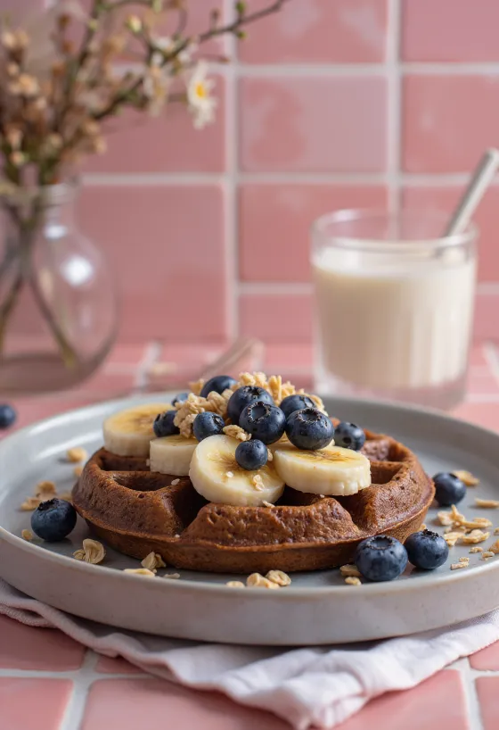 Gofre superfood servido com mirtilos e amêndoa