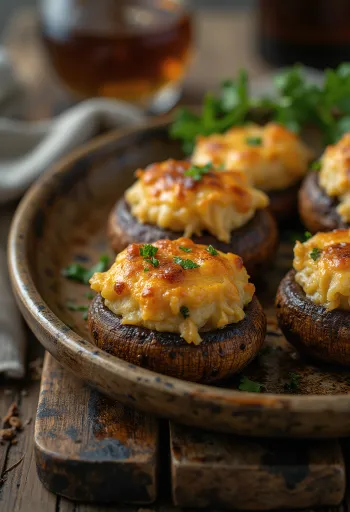 Cogumelos recheados com salsa e queijo vegan
