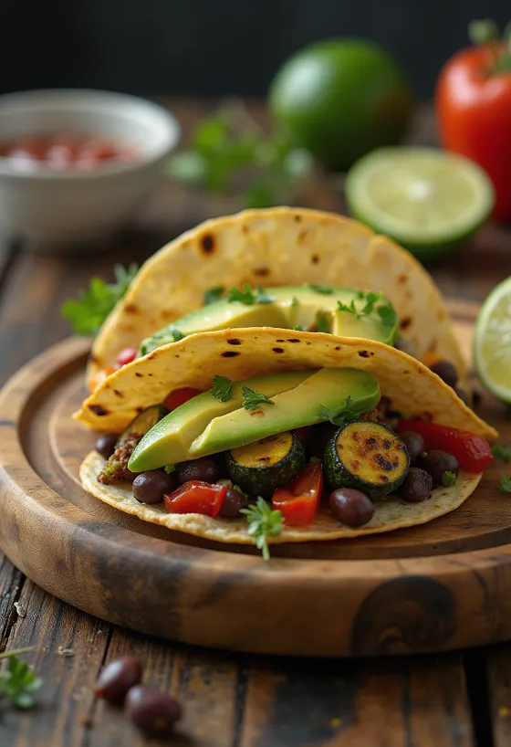 Taco vegan em tortilha de milho com legumes e feijão preto