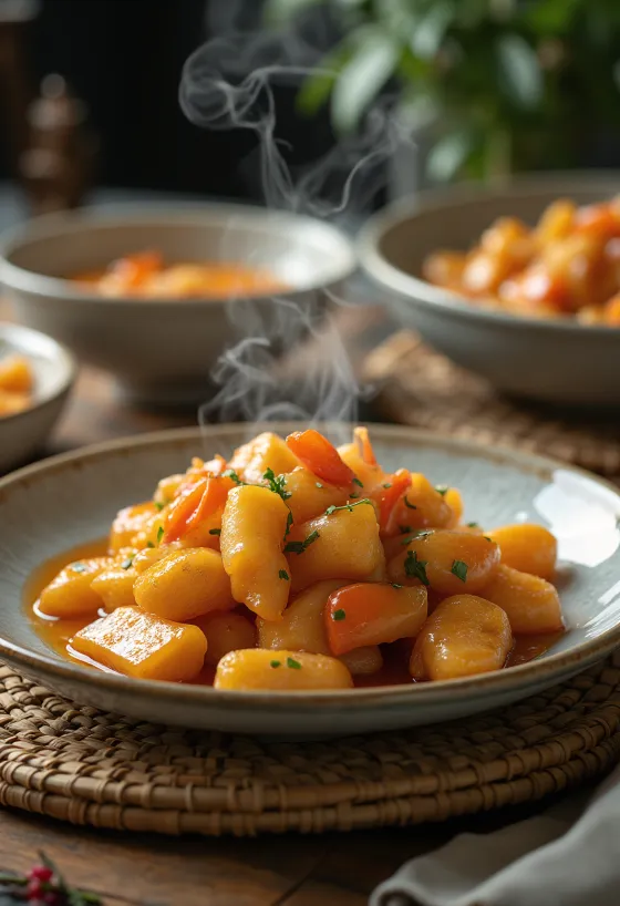 Tangsuyuk de legumes, com legumes frescos e molho rico de soja