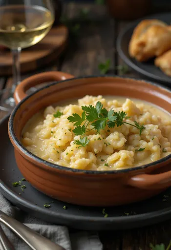 Açorda de bacalhau, sopa de peixe com vinho branco, leite e salsa fresca