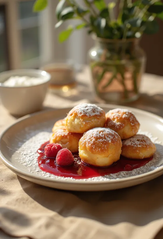 Æbleskiver servido com doce de framboesa e açúcar em pó
