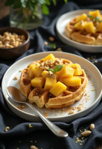 Waffles de inspiração africana com manga, amendoim e sumo de lima