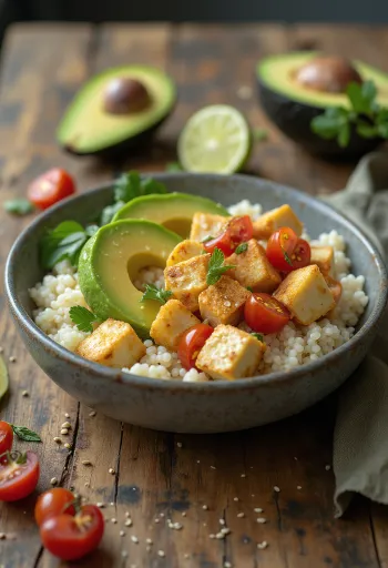 Salada de tofu com lima e abacate sobre base de quinoa