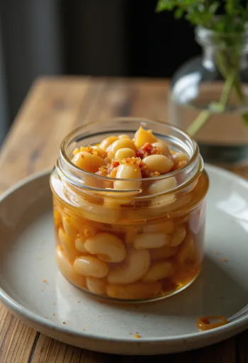 Natto picante em vinagre num frasco