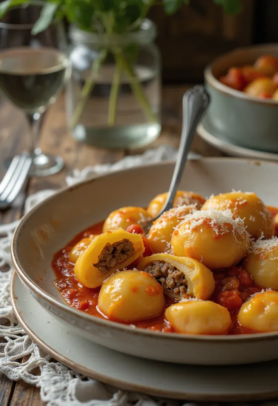 Gnocchi recheado com carne servido