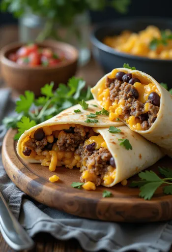 Burrito mexicano em rolo de tortilha, recheado com arroz, feijão e carne de vaca