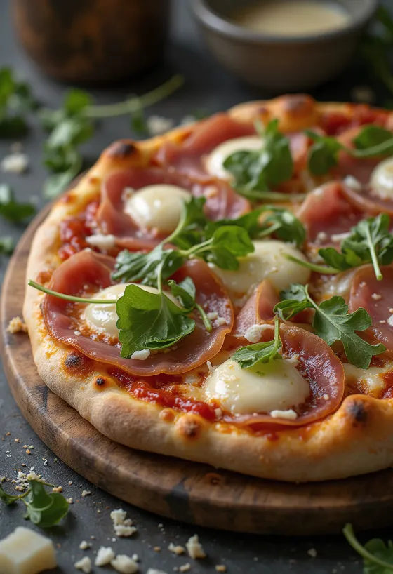 Pizza al Prosciutto Crudo servida com presunto de Parma e rúcula