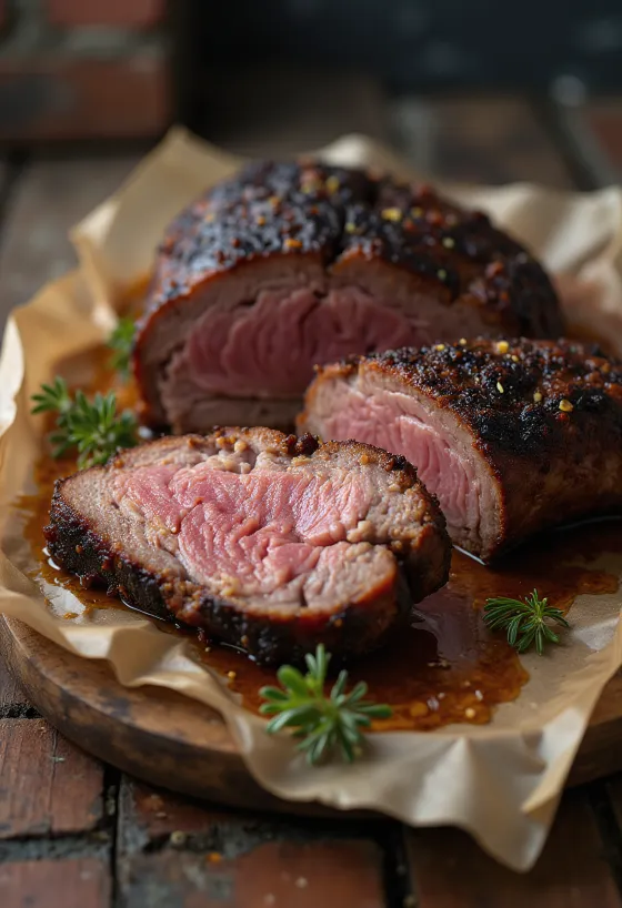 Smoked brisket servido em fatias finas com molho barbecue e acompanhamentos