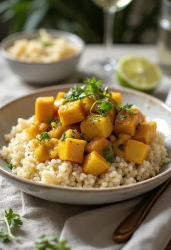 Caril de Quinoa com Abóbora e Tofu ao Lima servido