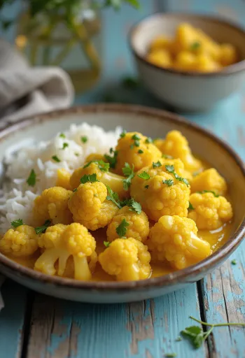 Caril de couve-flor vegan servido com leite de coco e especiarias frescas