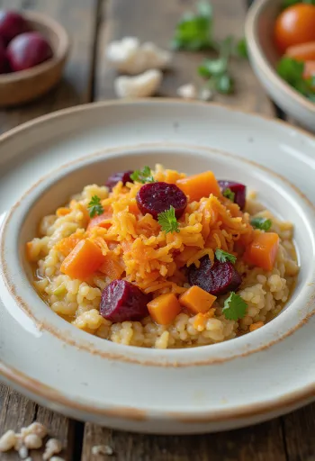 Açorda de legumes, numa tigela decorada com salsa