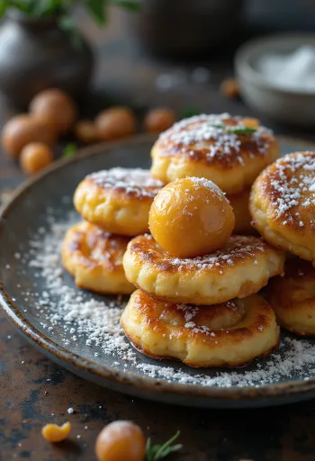 Panquecas Æbleskiver, polvilhadas com açúcar em pó