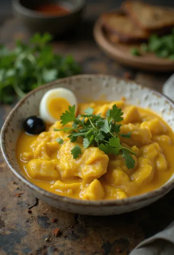 Ají de gallina com coentros servido em prato, coberto com molho cremoso amarelo
