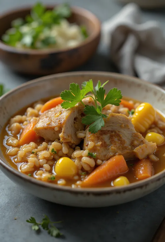 Cuchuco com espinhaço de porco, sopa rica de carne e legumes servida