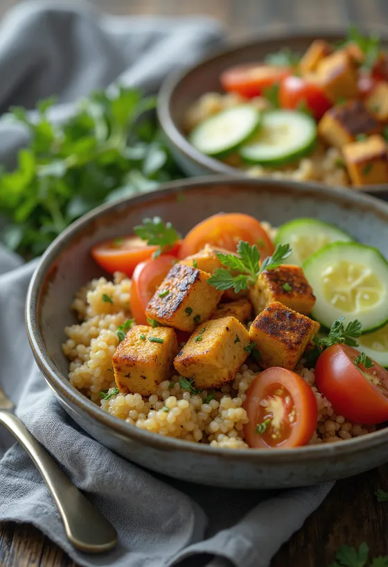 Tofu grelhado servido com salada de quinoa