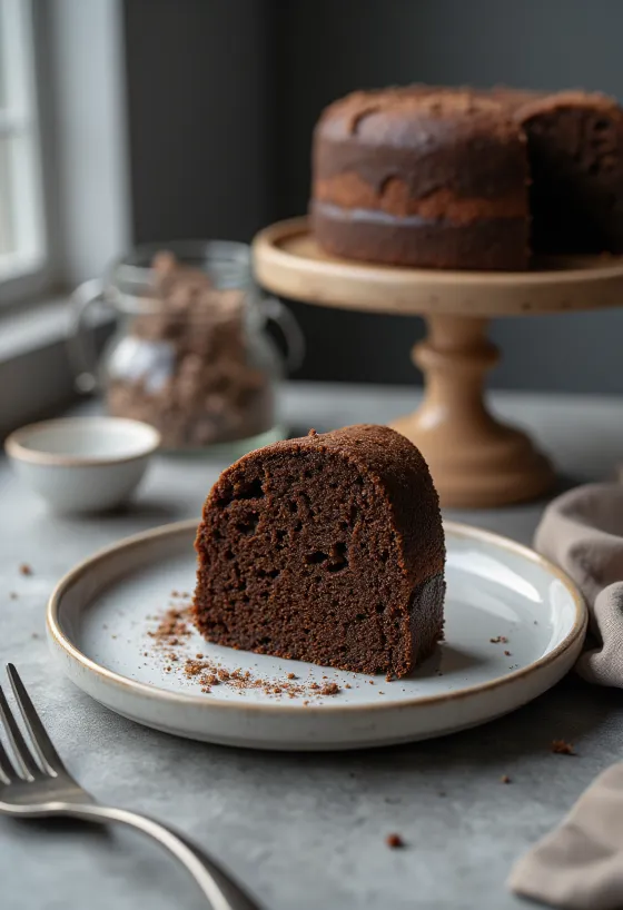 Pão de ló de cacau macio e leve, polvilhado com açúcar em pó e cortado em fatias.