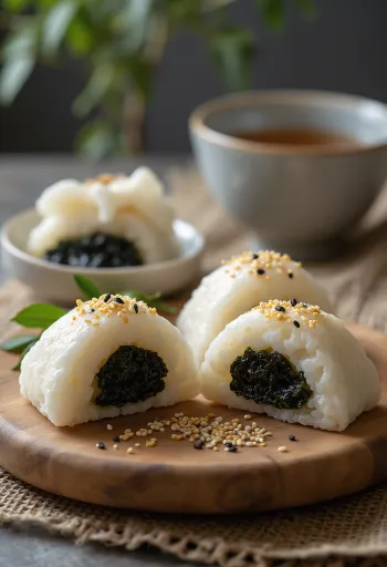 Onigiri com recheio de Nori tsukudani cozido em molho de algas servido fresco