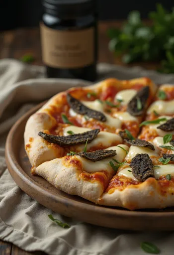 Pizza de trufas servida com mozzarella e queijo parmesão