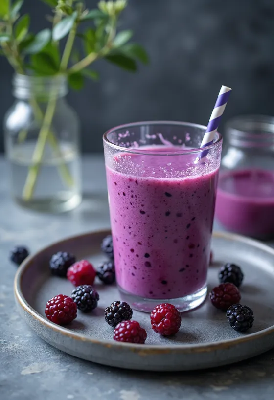 Kefir probiótico de mirtilo num copo, tom lilás pálido, bebida frutada