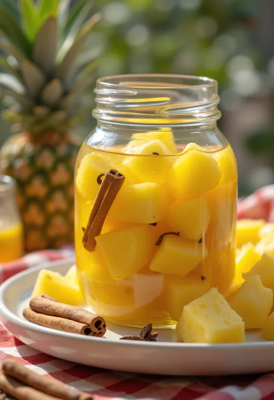Ananás em conserva servido em frasco