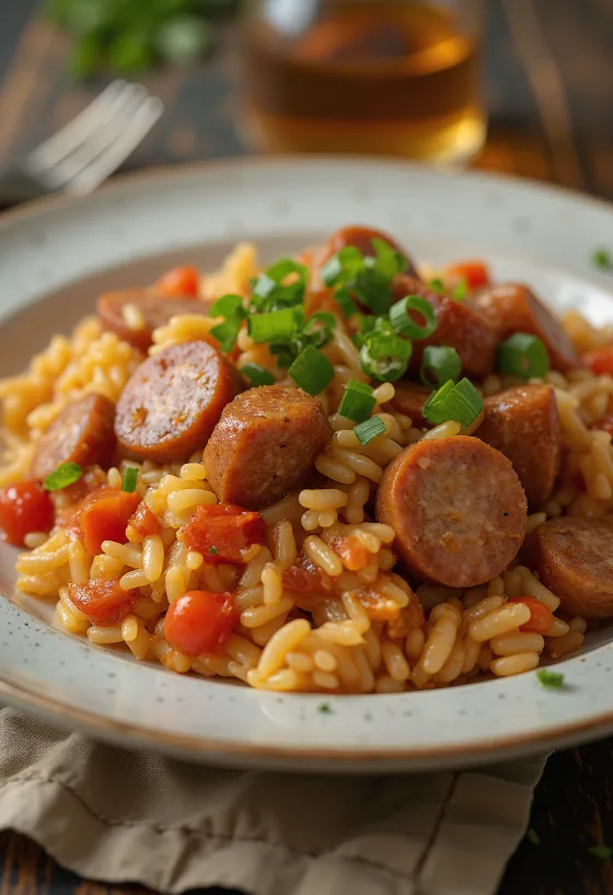 Jambalaya de salsicha fumada servida numa tigela decorada com salsa