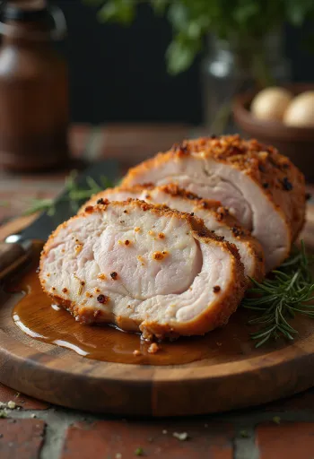 Carne assada dourada com crosta estaladiça e interior suculento.