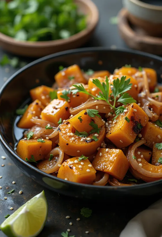 Wok de tofu com abóbora e lima