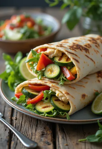 Wrap de legumes grelhados com húmus e rúcula