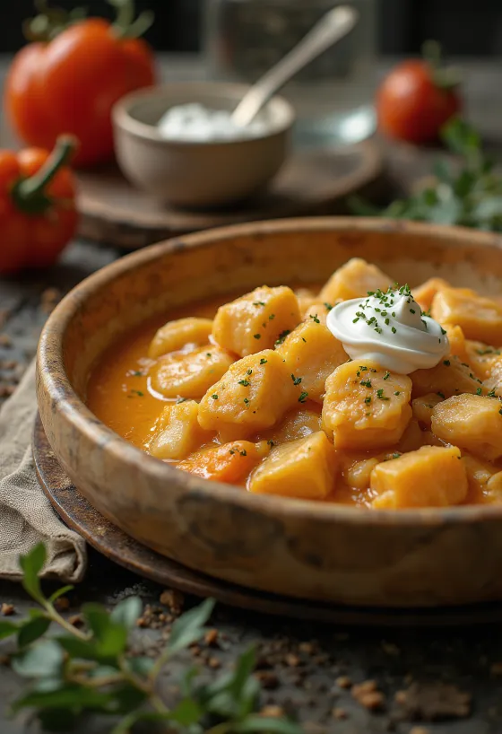 Paprikash de peixe-gato servido com massa com queijo quark