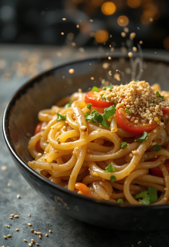 Japchae com óleo de sésamo servido com massa de batata-doce e legumes