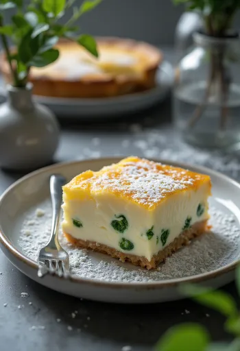 Tarte de requeijão com aneto acabada de fazer, dourada, cortada em fatias num tabuleiro.