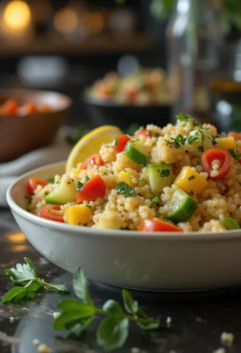 Salada de cuscuz fresca servida com vegetais coloridos e ervas aromáticas.