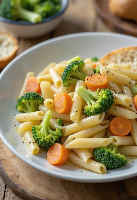 Menestra com brócolos, massa e vegetais servidos em molho rico