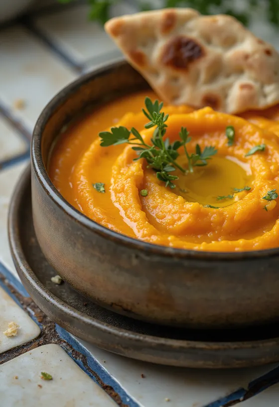 Creme de batata-doce com hortelã servido