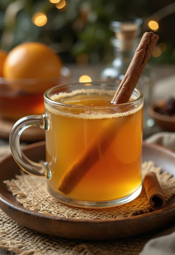 Bebida punch de mel e caramelo decorada com rodelas de laranja e paus de canela