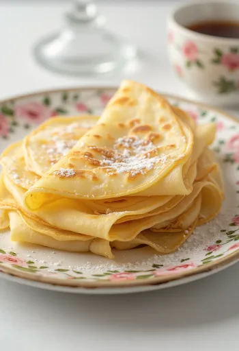 Crepe fresco frito até dourar, polvilhado com açúcar em pó