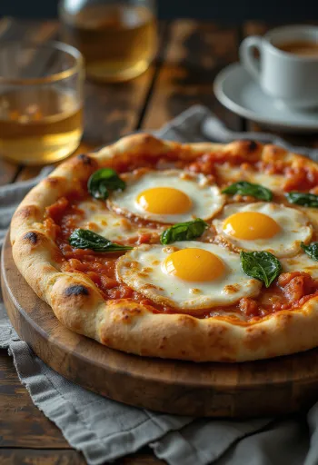 Pizza alla Bismark servida com ovo fresco e espinafres
