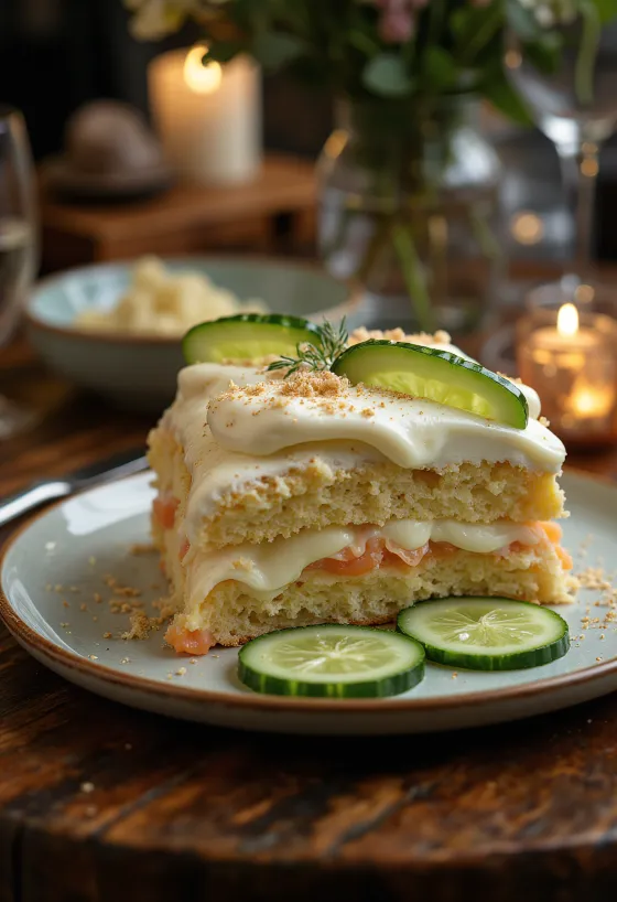 Smörgåstårta com fatias de pepino e decorado com aneto, servido com sabores escandinavos