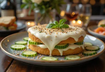 Smörgåstårta com fatias de pepino e decorado com aneto, servido com sabores escandinavos