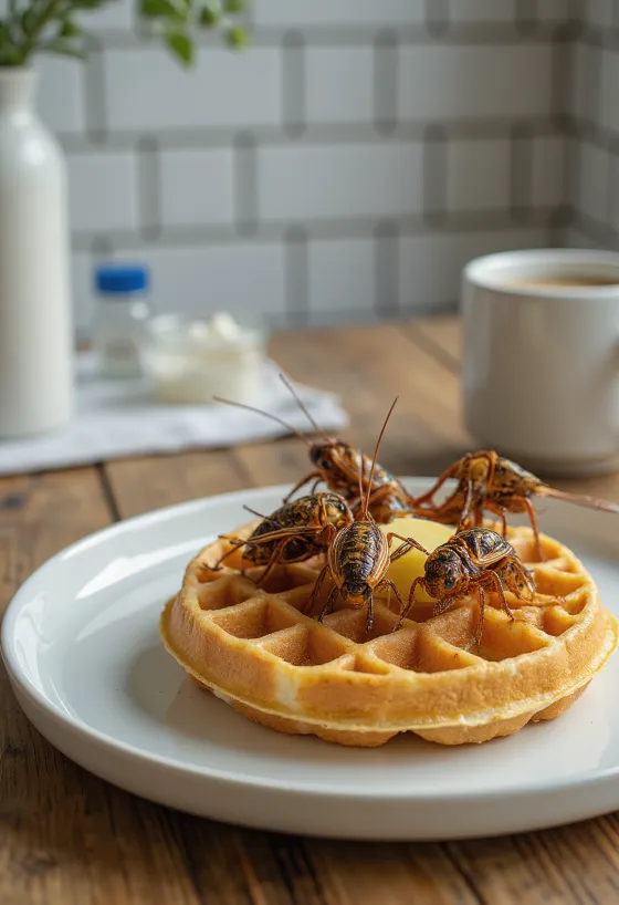 Gofre de insetos assados servido