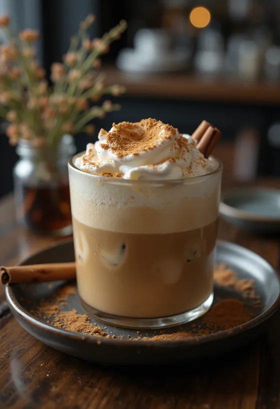 Bebida de café frappé de canela e menta decorada com natas batidas, pau de canela e folhas de menta