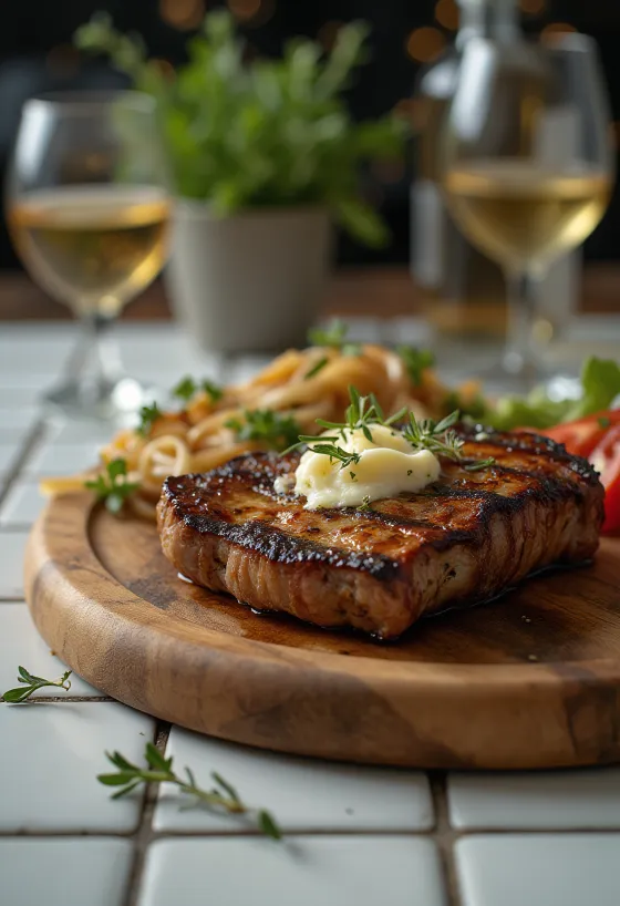 Filete de canguru grelhado servido com legumes assados