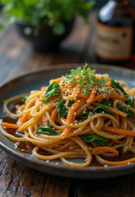 Japchae com molho de soja e açúcar servido com massa de batata-doce e legumes