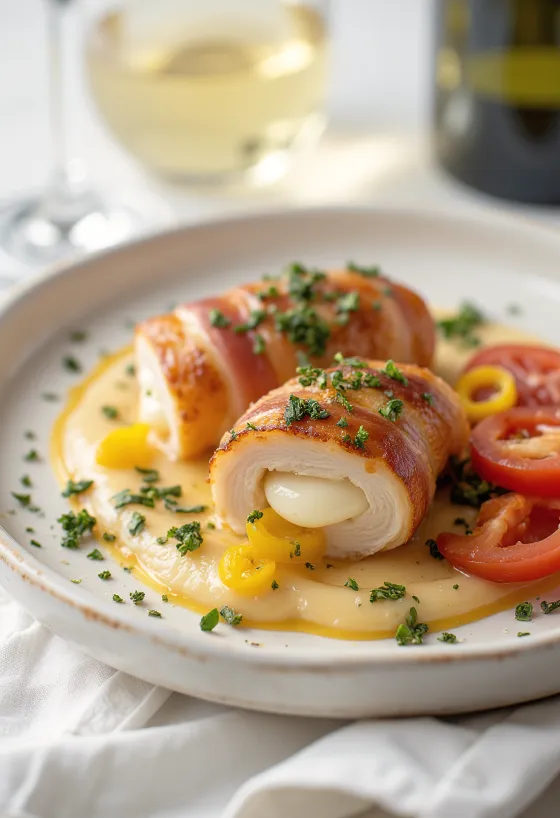 Saltimbocca recheado com queijo mozzarella, decorado com prosciutto crocante e manjericão fresco