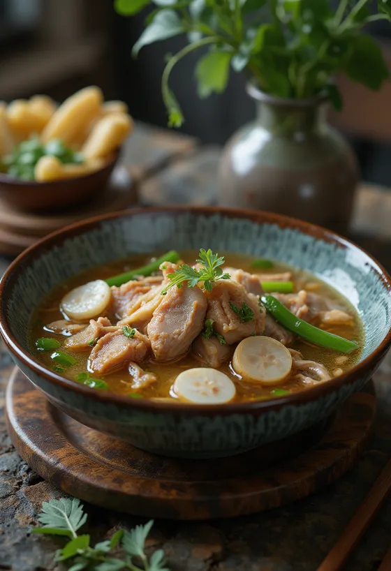 Sopa Sinigang com pedaços de carne e vegetais variados
