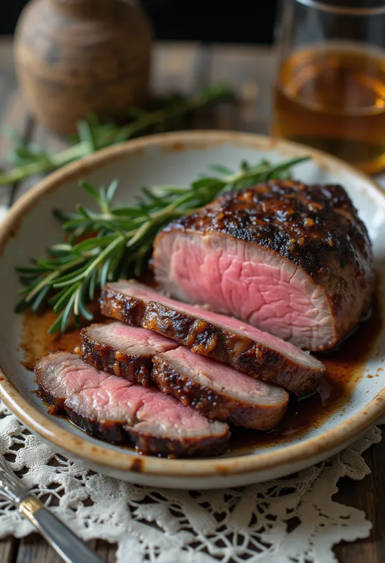 Smoked Venison Steak, bife de veado fumado com vegetais assados e alecrim